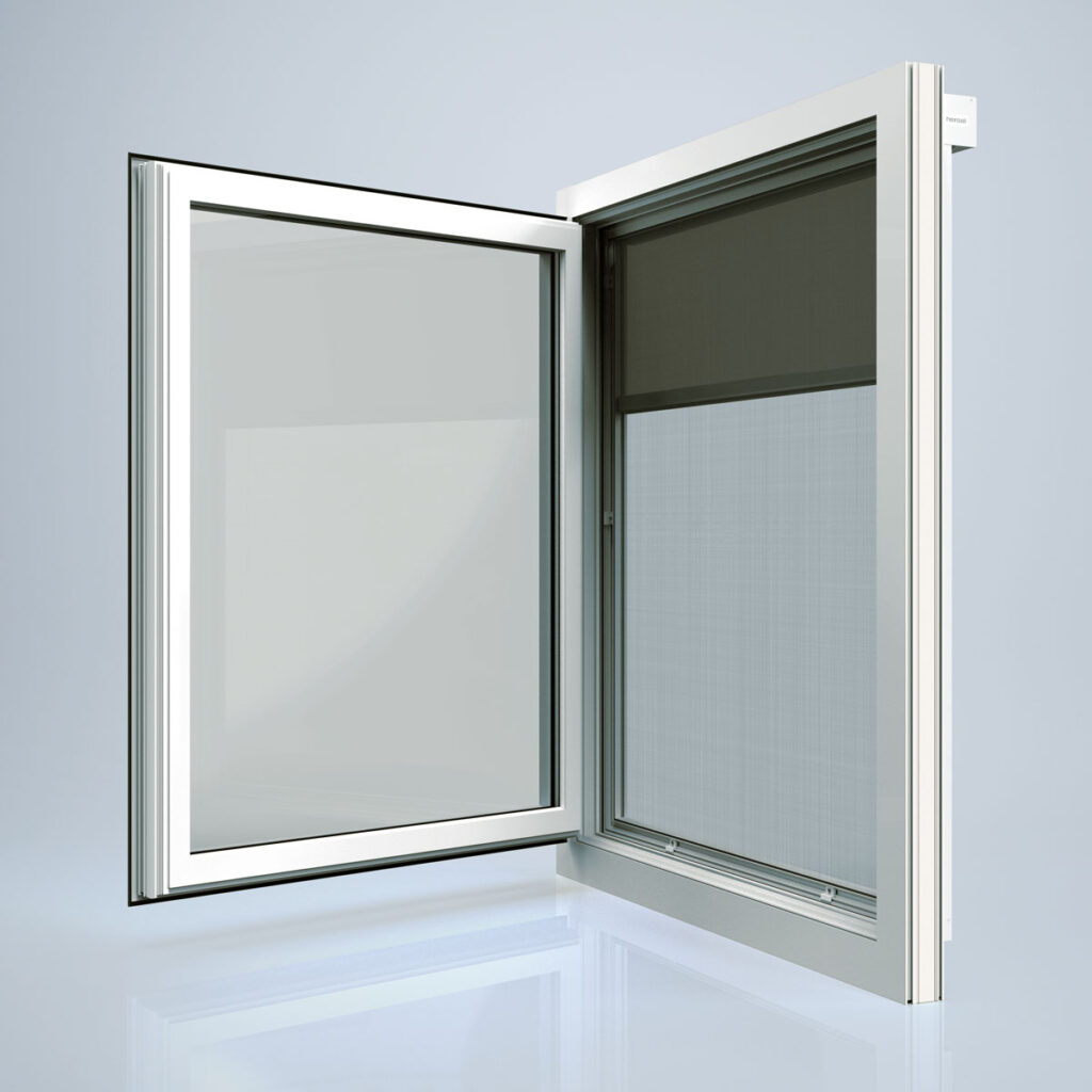 sonnenschutz fenster textil außenrollo easy einfache montage solarantrieb aluminium spurlos rückbaubar stabil langlebig witterungsbeständig pulverbeschichtet genehmigungsfrei hochwertig nachträgliche montage hergestellt in deutschland Solar-Klemm-Rollo (SKR)