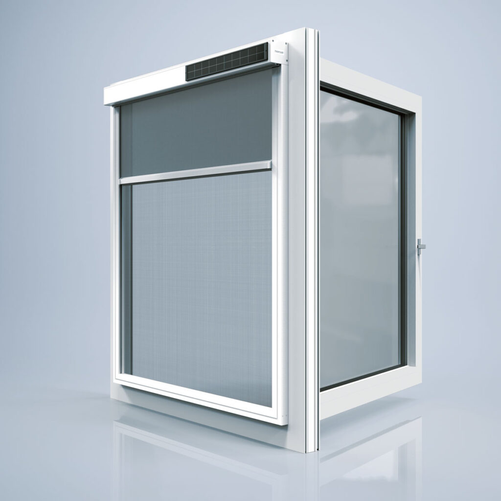 sonnenschutz fenster textil außenrollo easy einfache montage solarantrieb aluminium spurlos rückbaubar stabil langlebig witterungsbeständig pulverbeschichtet genehmigungsfrei hochwertig nachträgliche montage hergestellt in deutschland Solar-Klemm-Rollo (SKR)